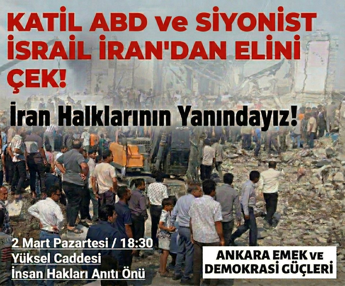 📍Ankara 
Bugün eylemdeyiz!
Anti-emperyalist enternasyonalist sınıf mücadelesinin sesini yükseltiyoruz!
Emperyalist haydutlar İran’dan defolun! 
#Iran