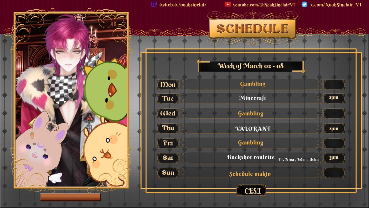 NoahSinclair_VT's tweet photo. 【14TH WEEKLY SCHEDULE】
ft. @edenweissvt , @NinaReinhartVT , @UchuRitz 
 🗓️ Mar 02 - Mar 08

⚔️Live at: https://t.co/p9WJYElBJY 

#envtuber #Vtuber #NoahSinclairVT #EdenWeissVtuber #NinaReinhart #UchuRitz https://t.co/oNsu6945of