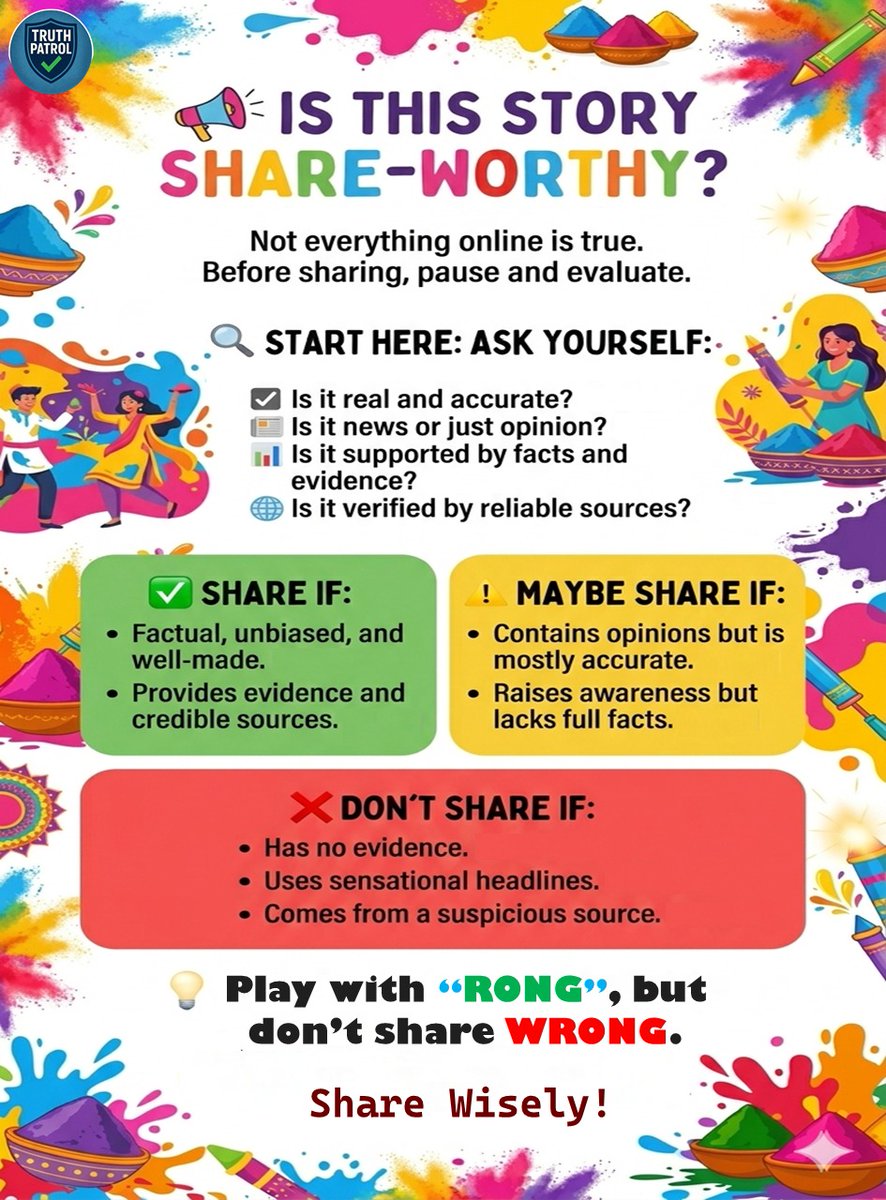 TruthPatrol_'s tweet photo. Before you hit “share,” take a moment to check the source, read beyond the headline, and look for real evidence.Misinformation spreads fast — but you can stop it. Be smart. Be responsible. Share wisely. 
#ThinkBeforeYouShare #StopFakeNews #VerifyFirst #StayInformed #TruthPatrol https://t.co/EB2q9ZVHKb
