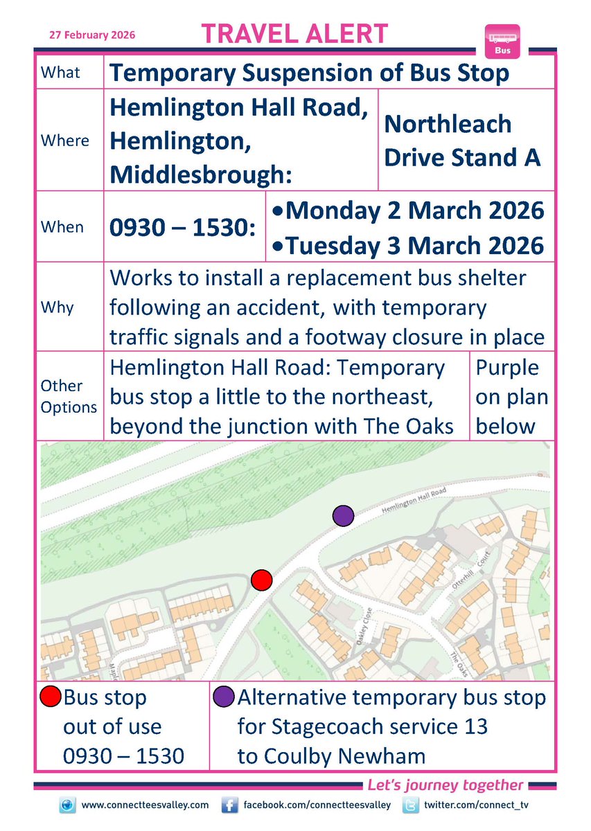 HEMLINGTON HALL ROAD, HEMLINGTON, MIDDLESBROUGH: Northleach Drive Stand A northeast bound bus stop closed 0930-1530 Mon 2 &amp; Tue 3 March. For Stagecoach 13 to Coulby Newham use temporary stop a little to northeast beyond The Oaks. connectteesvalley.com/data/travelale… <a href="/MbroCouncil/">MiddlesbroughCouncil</a> <a href="/StagecoachNE/">Stagecoach NorthEast</a>