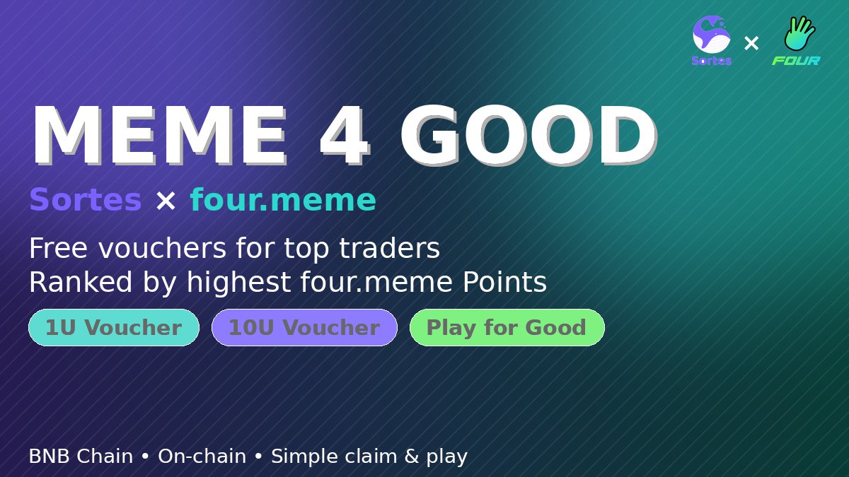 Meme 4 GOOD!
<a href="/sortesfun/">Sortes.fun</a>   x <a href="/Four_FORM_/">Four</a> : Play for good, not just profit. 
We are giving away 20,000 USD worth vouchers to top traders on the four.meme credits leaderboard who will get free 1U/10U vouchers.   
Vouchers can be played at bnb.sortes.fun to win