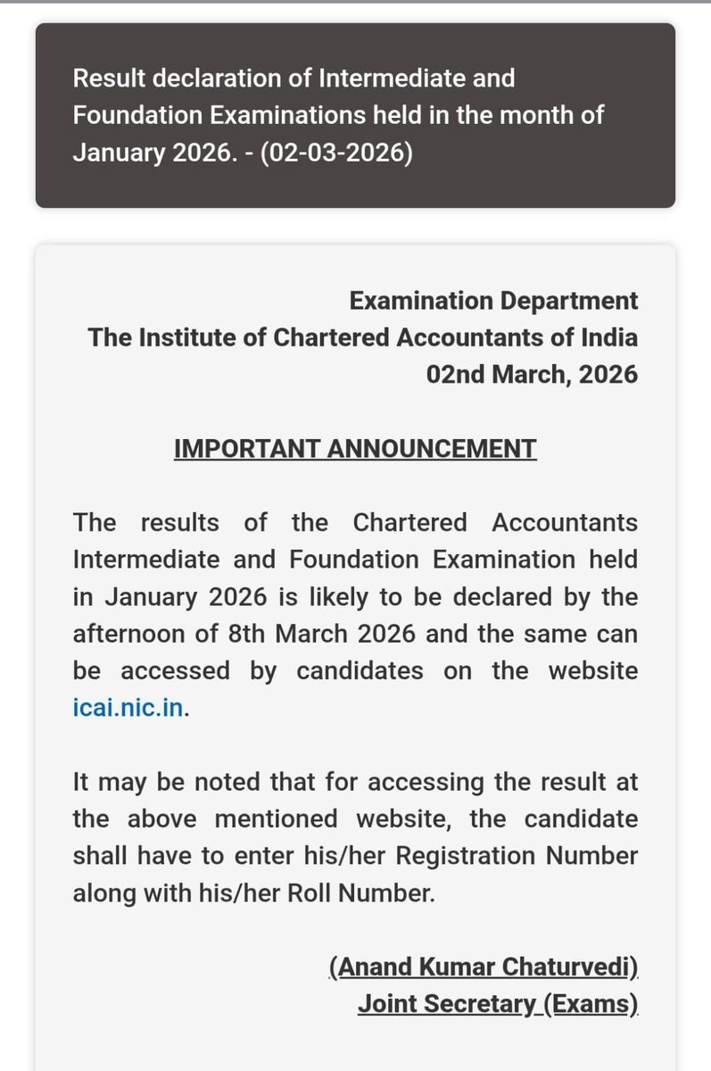 akhilpachori's tweet image. Official Notification 

#icai #caresults #icairesults