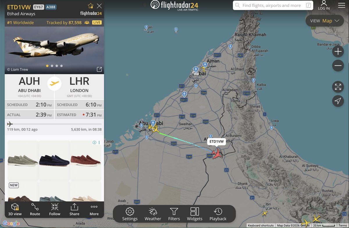 Flight seems to have taken off from Abu Dhabi just now to London, <a href="/flightradar24/">Flightradar24</a> is this accurate?
