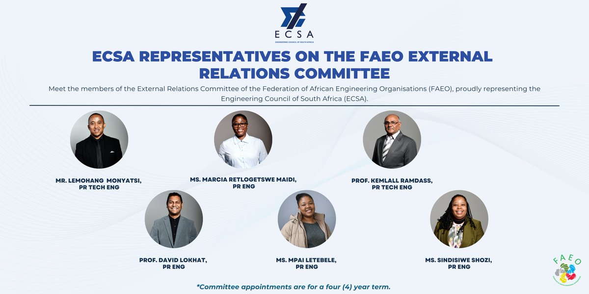 ECSAOfficial's tweet photo. ECSA announces its representatives appointed to the FAEO External Relations Committee. We look forward to their contribution toward strengthened engagement and professional collaboration over the next four years.
#ECSA #FAEO #EngineeringLeadership #Governance https://t.co/H5zZiXpMJk
