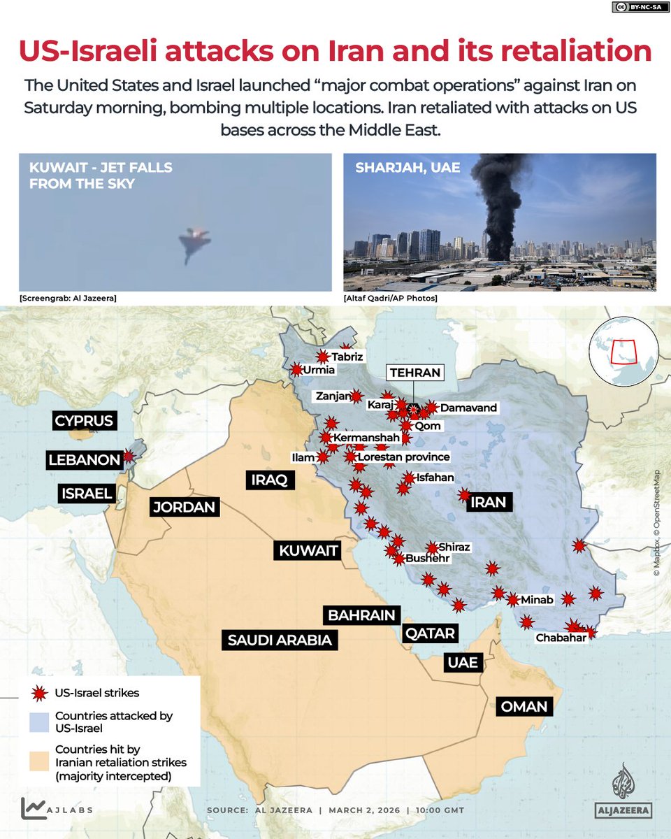 AJEnglish's tweet photo. Iran continues to strike US assets across the Gulf after the killing of more than 550 people, including Supreme Leader Ayatollah Ali Khamenei, in joint US-Israeli attacks. https://t.co/o8RDghaie5