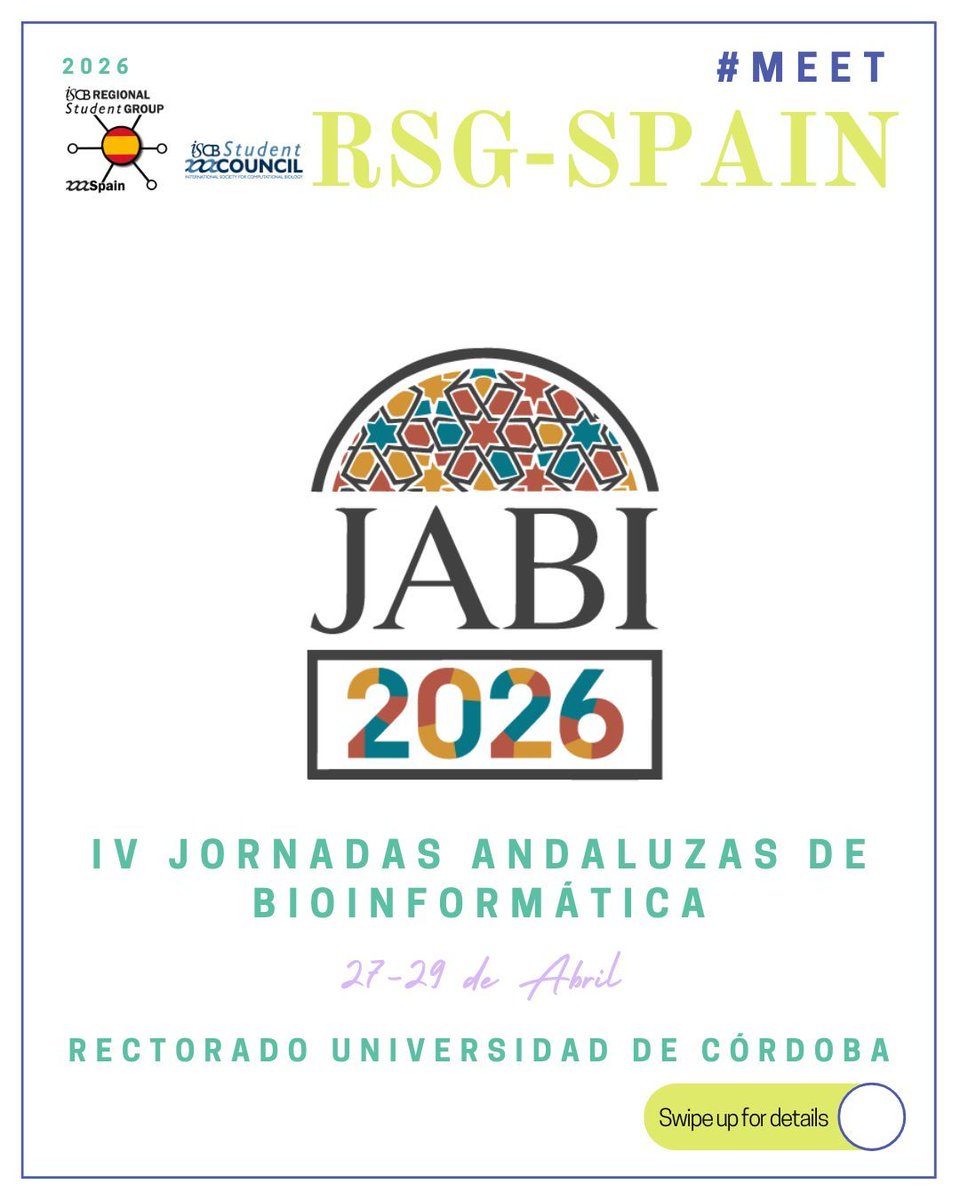 RSGSpain's tweet image. 🚀 ¡Save the date! 

Desde RSG-Spain estamos muy felices de anunciar las IV Jornadas Andaluzas de Bioinformática (JABI 2026) 🧬

📍 Rectorado de la Universidad de Córdoba
📅 27–29 de abril de 2026

#RSGSpain #ISCBSC #Bioinformatics #ComputationalBiology #MeetRSGSpain