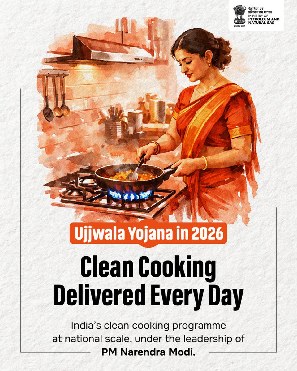 HardeepSPuri's tweet photo. Ujjwala Yojana in 2026 - Clean cooking at national scale.
10.55 Cr LPG connections delivered under PMUY, progressing towards 10.60 Cr.
~276 Cr LPG refills supplied so far.
FY 2024-25: 13.6 lakh refills delivered daily to Ujjwala households.
Across India: 55 lakh+ LPG cylinders delivered every day.
Clean cooking works because delivery works - under the leadership of PM Sh @narendramodi Ji.
#Ujjwala #EnergyForAll #CleanCooking #ViksitBharat