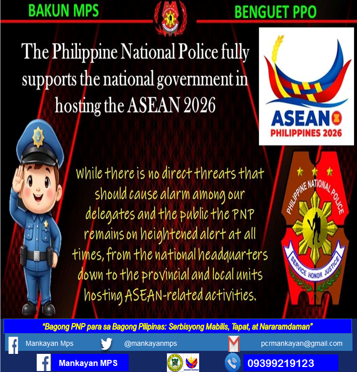PNPMankayanMPS's tweet photo. "PNP ready for ASEAN 2026! 📷
We're fully supporting the hosting of this important event, with heightened alert across all units to ensure everyone's safety. No direct threats, just continuous vigilance!
#BagongPNPparasaBagongPilipinasSerbisyongMabilisTapatatNararamdaman https://t.co/IKQot6MLy1