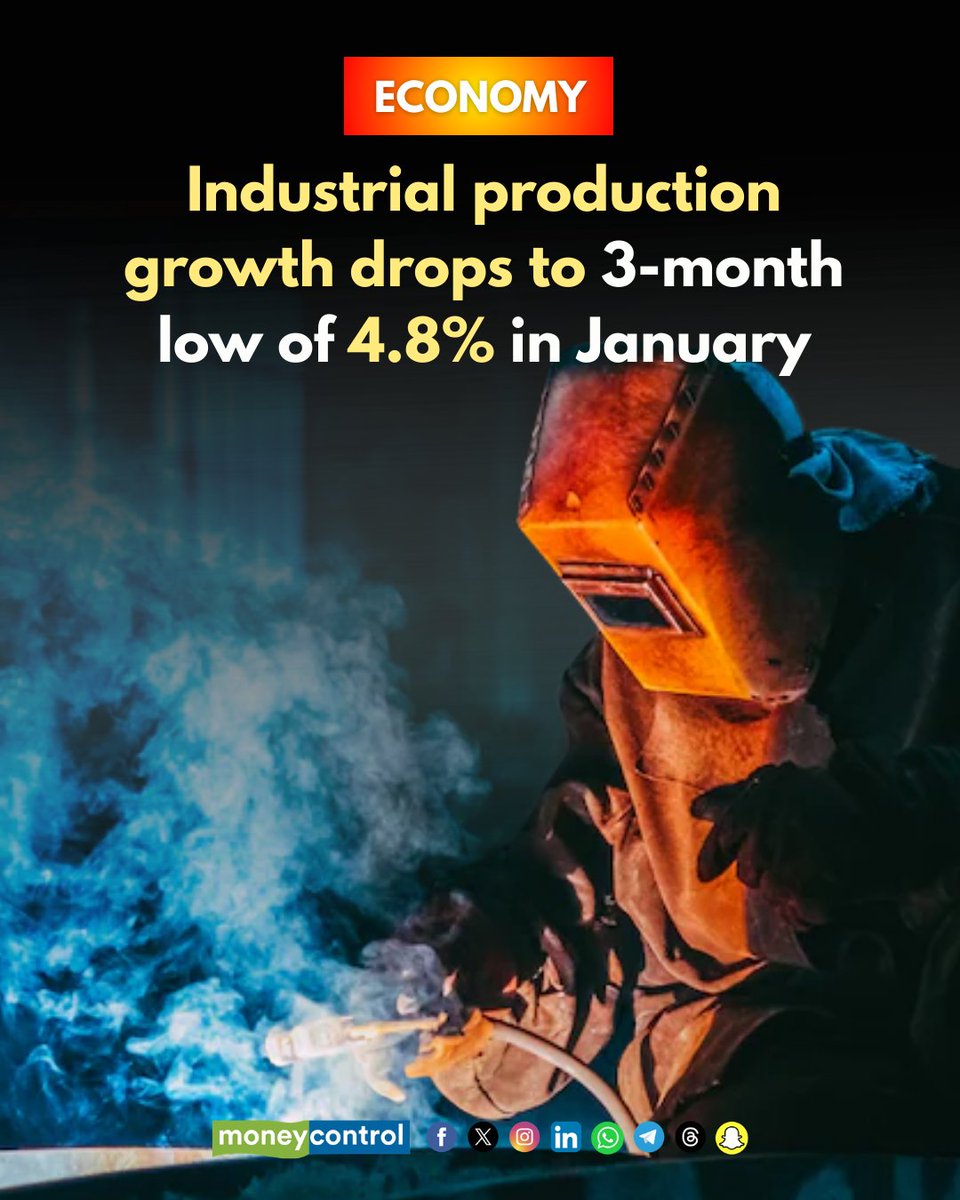 moneycontrolcom's tweet image. #Economy | 🚨 Industrial production growth drops to 3-month low of 4.8% in January

@IshaanGera with details 👇
moneycontrol.com/news/business/…

#IndustrialProduction #Business