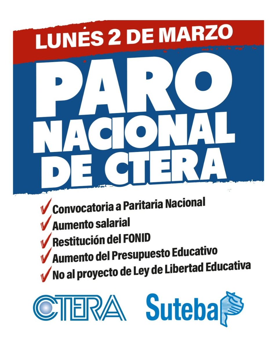 Hoy se marcha!
#ParoNacionalDocente
<a href="/cteracta/">CTERA</a> 
<a href="/SUTEBAProvincia/">SUTEBA Provincia</a> 
<a href="/CTAok/">CTA-T</a>
