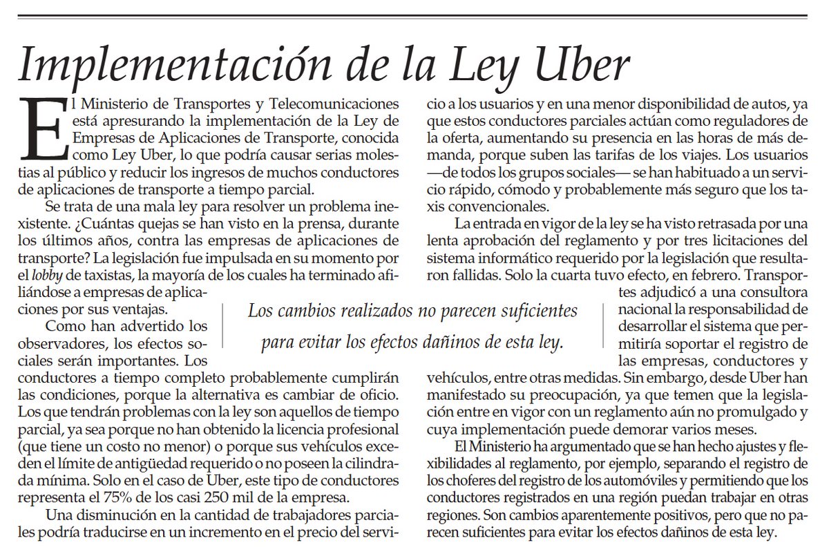 Le he planteado al actual Ministro de Transportes y Telecomunicaciones, <a href="/JuanCaMunozA/">Juan Carlos Muñoz Abogabir</a>, que no persevere con la publicación del Reglamento EAT, ya que genera negativos impactos en pasajeros (precios y calidad) y conductores (desempleo). Requiere varios e importantes cambios.