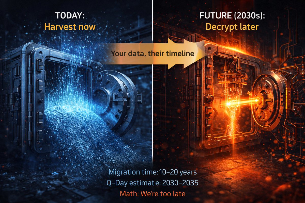 🔐 What if every encrypted message you've ever sent is being stored right now?

Waiting.

Harvest now, decrypt later.

Adversaries are collecting encrypted data today. Banking transactions. Medical records. State secrets. All of it.

Not to read it now. To decrypt it in 5 to 10