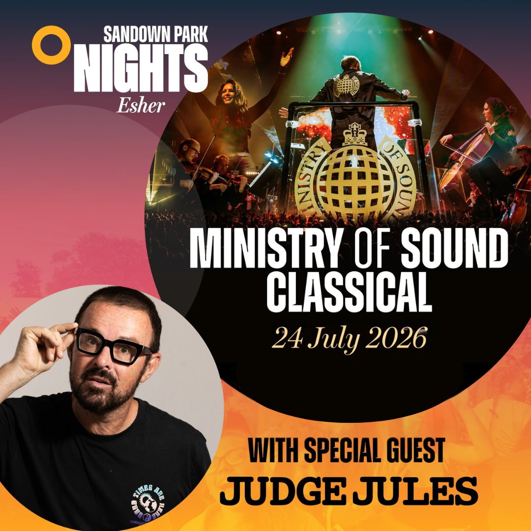 TicketmasterUK's tweet photo. JUST ANNOUNCED!

Legendary DJ Judge Jules joins Ministry of Sound Classical as a special guest at Sandown Park Racecourse!🎧✨

Get ready for iconic anthems, a full live orchestra &amp; an unforgettable summer night!

🎟️ Tickets on sale now >> https://t.co/PxJY5pKhvb https://t.co/X8ruIrtuoK