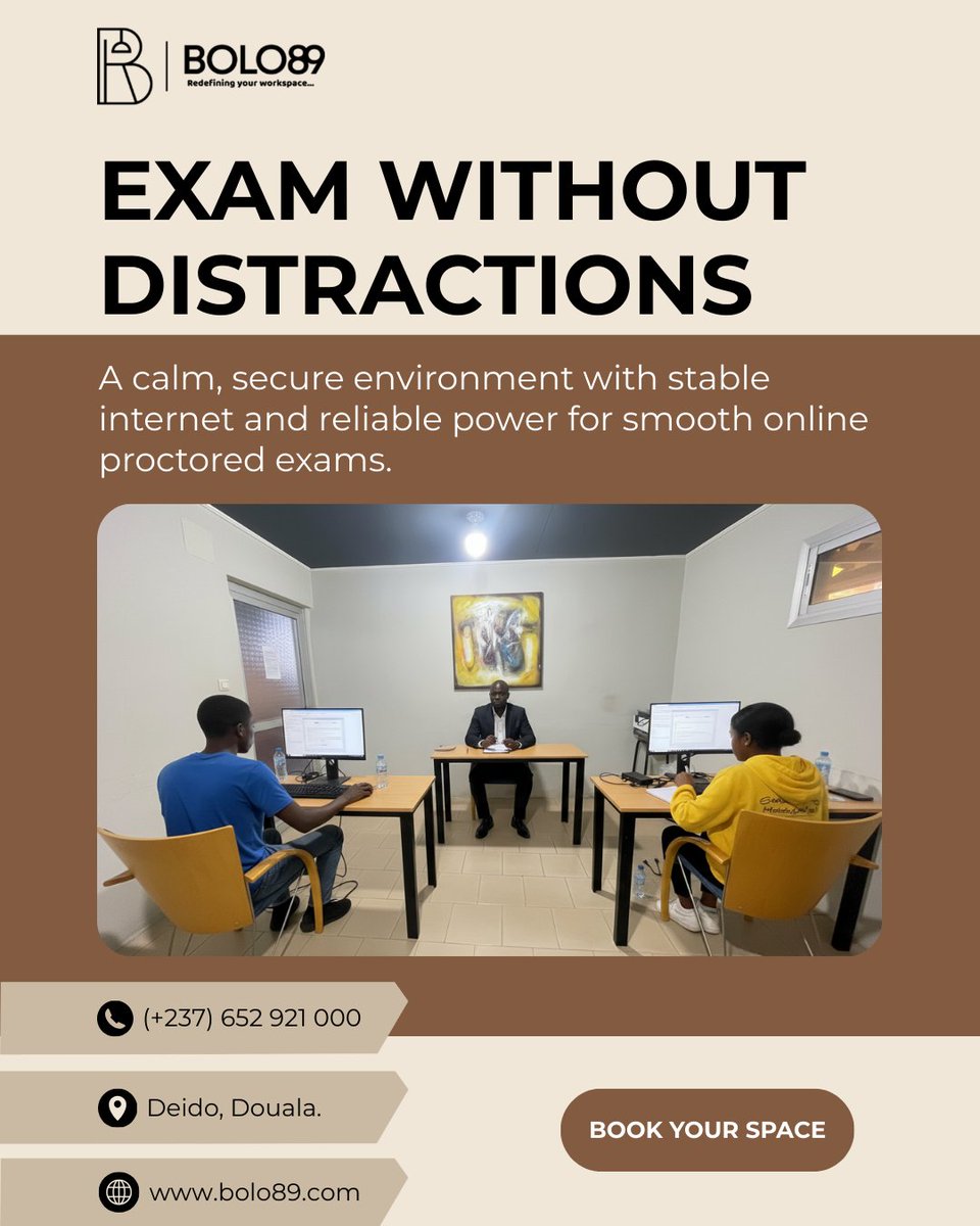 𝐄𝐗𝐀𝐌 𝐖𝐈𝐓𝐇𝐎𝐔𝐓 𝐃𝐈𝐒𝐓𝐑𝐀𝐂𝐓𝐈𝐎𝐍𝐒
A quiet, secure space with stable internet and backup power for smooth online proctored exams. Book your space at BOLO89 today. 
📍 Deido, Douala 

#BOLO89 #OnlineExam #Douala