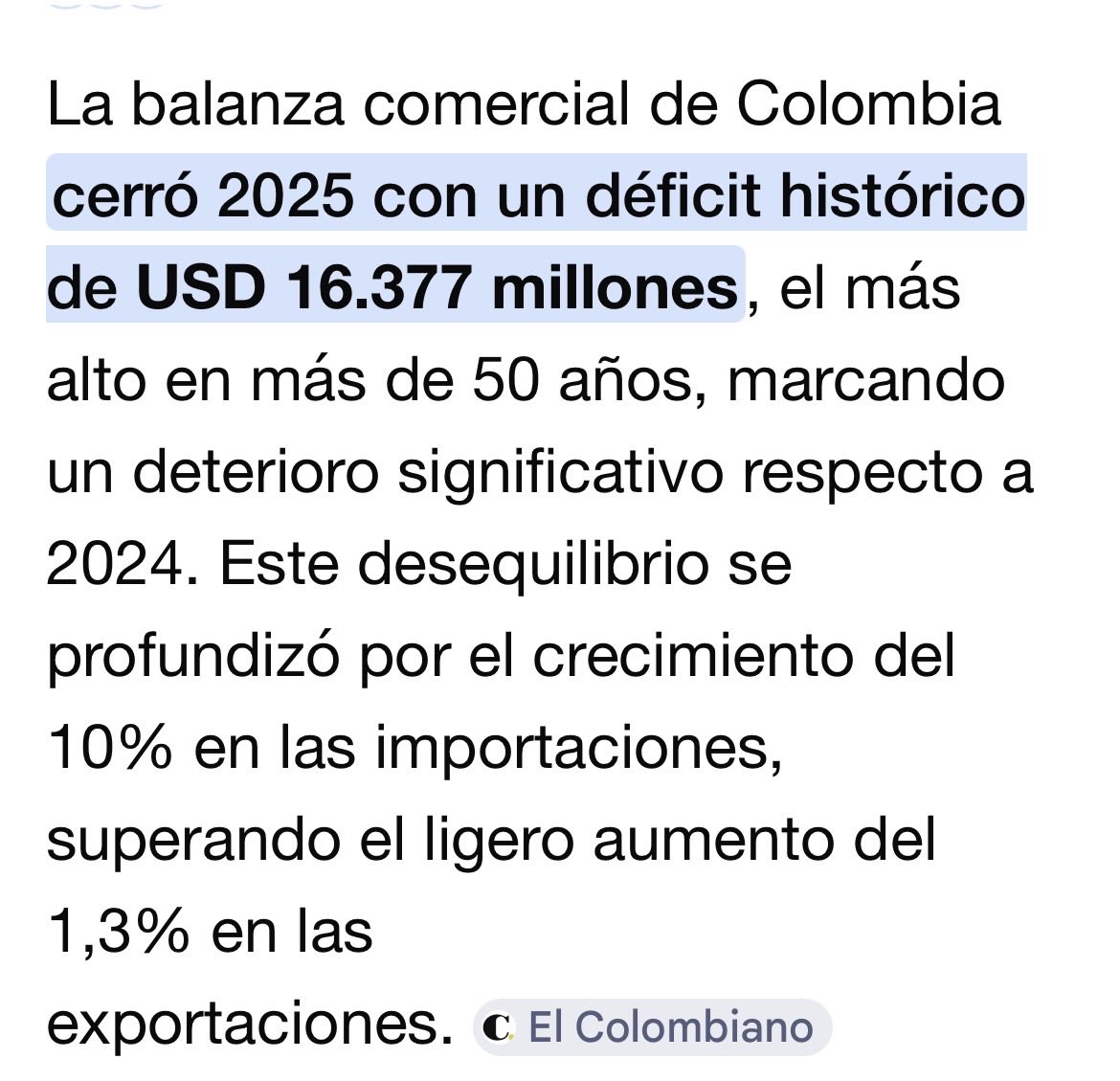 GRAN déficit de la balanza comercial de Colombia en 2025, el más alto en 50 años!!!
Por 16.377 millones de dólares!!!
Y ⁦<a href="/petrogustavo/">Gustavo Petro</a>⁩ no dice ni pío, como si ese no fuera un problema mayúsculo, que debe traer otros grandes problemas!!!