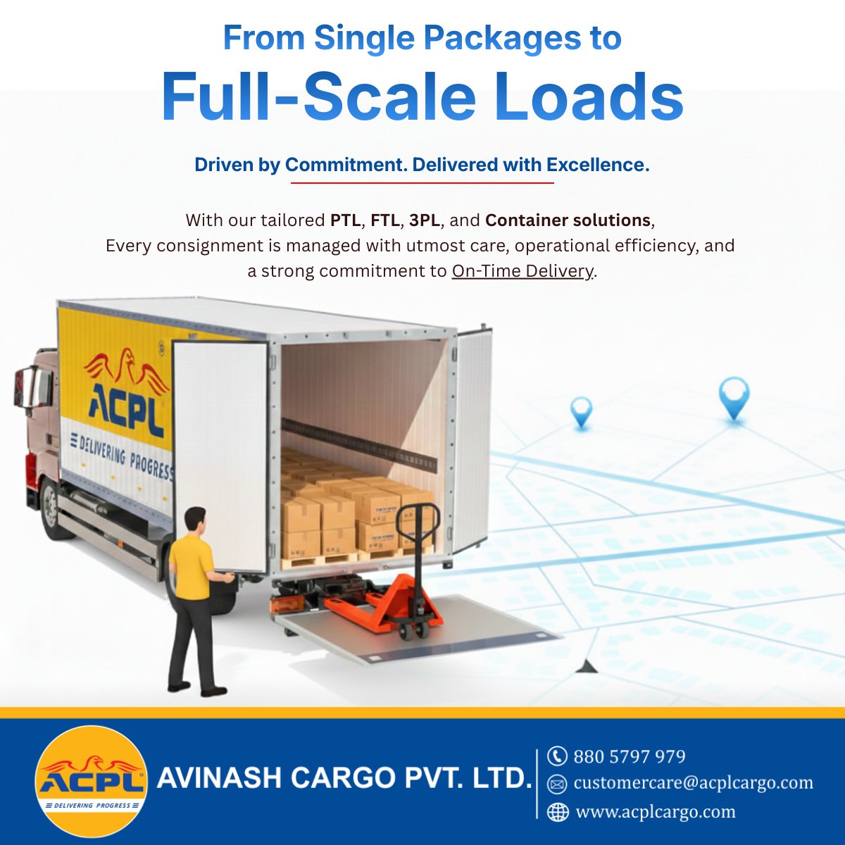 Powering every mile with precision and trust — from single packages to full truckloads, ACPL delivers seamless PTL, FTL, 3PL, and container solutions with unmatched reliability and on-time commitment.

#ACPL #fulltruckload #LogisticsSolutions #SupplyChainIndia #DeliveringProgress