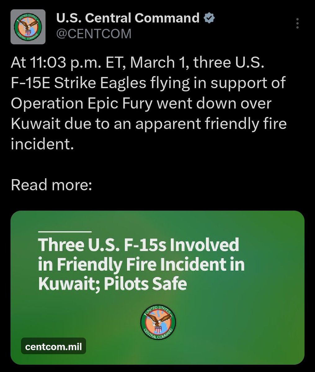 ⚡CENTCOM confirms that three U.S. F-15E fighter jets were shot down ...