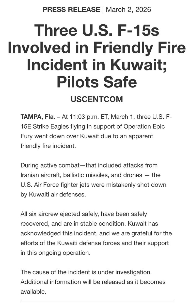 BREAKING: Three U.S. F-15E fighter jets were mistakenly shot down by ...