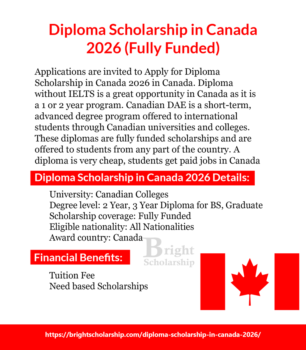 Diploma Scholarship in Canada 2026 – Fully Funded

Applications are now open for the Diploma Scholarship in Canada for the 2026 academic year. This opportunity is open to international students seeking funded diploma studies.

Study Level:

• 2-Year Diploma
• 3-Year Diploma