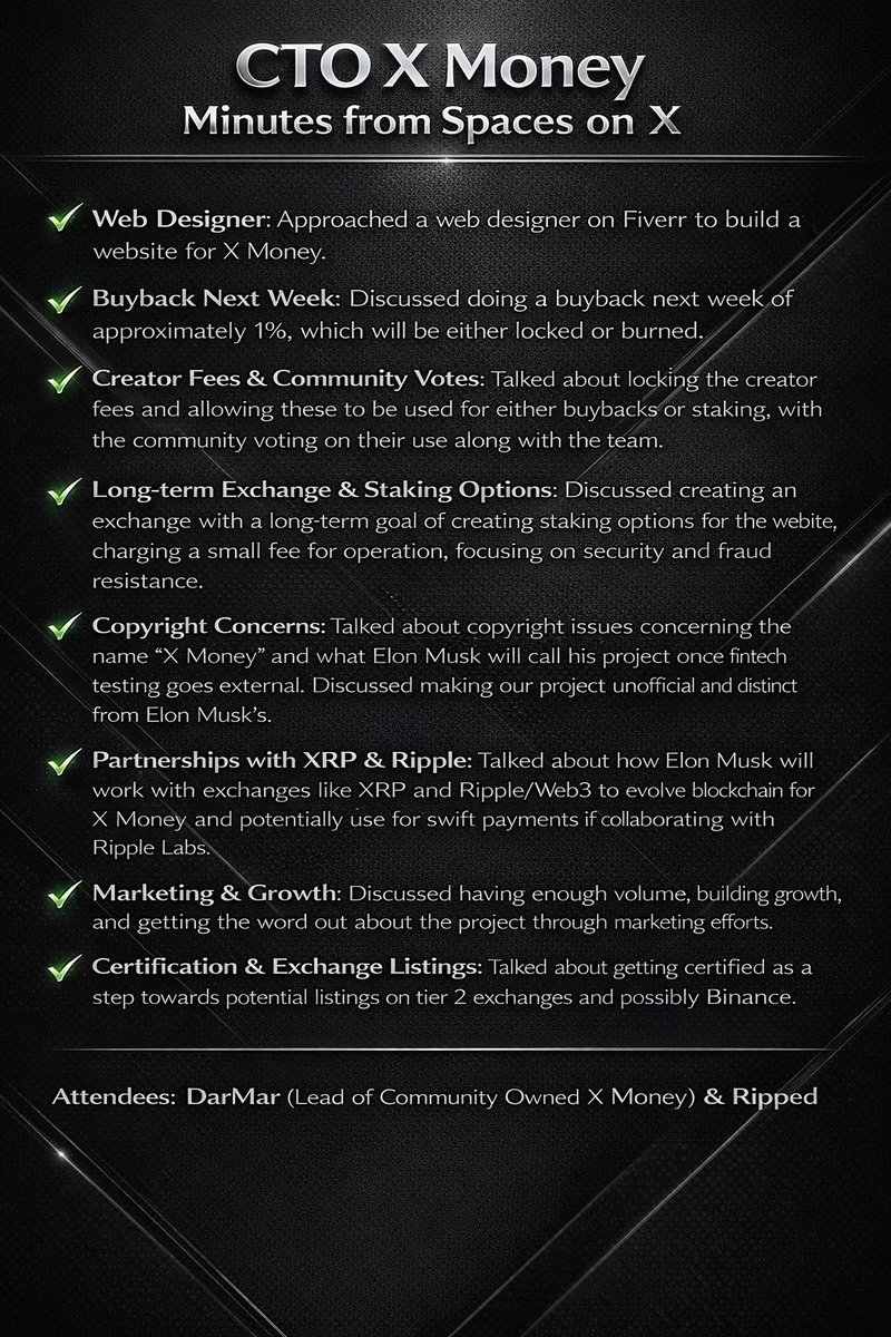 Last night it was just DarMar and myself in the Spaces breaking down the future of X Money website build, buybacks, creator fees, exchange plans, security, listings  all of it.

I’ve attached the minutes from the spaces from last night

But this isn’t just our project. It’s the