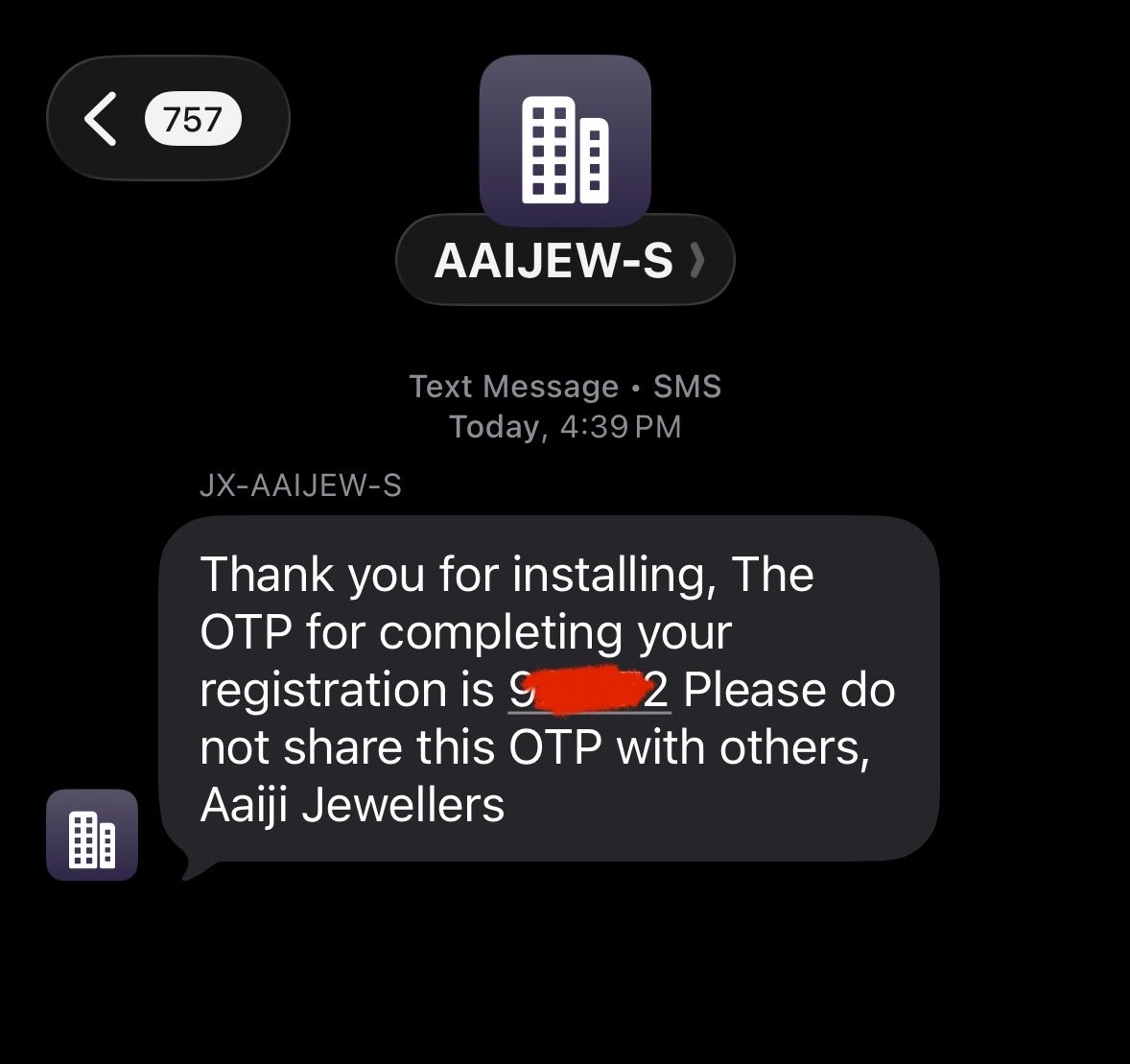sharipsg's tweet photo. @maxkarpis Why do they send OTP from Aaiji Jewellers during waitlist joining 🙄 https://t.co/uk21ZlOIMz