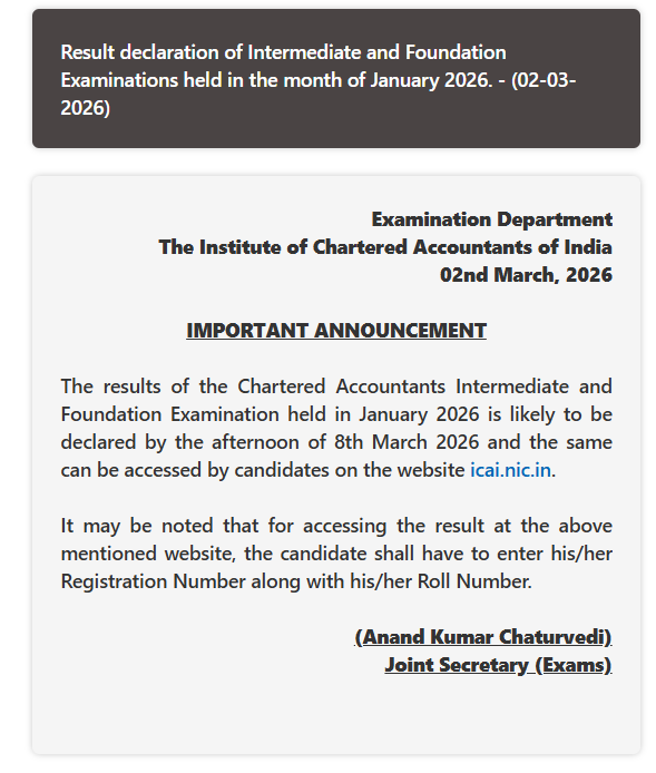 CAclubindia's tweet image. CA Foundation &amp;amp; Intermediate Jan 2026 Results to be declared on 8th March 2026 #icai #castudents #caresults