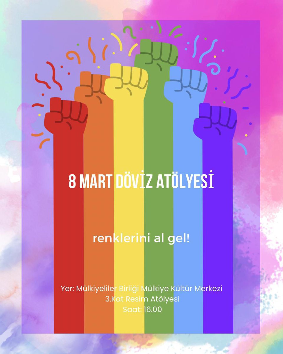 mulkiyeliler's tweet photo. 8 Mart’ta sözümüzü, rengimizi, isyanımızı birlikte büyütüyoruz!
Eşitsizliğe, ayrımcılığa ve patriyarkaya karşı dövizimizi birlikte hazırlıyor, mücadelemizi birlikte büyütüyoruz.
Bu atölye sözünü büyütmek isteyen tüm öznelerin buluşma alanıdır.
Renklerini al gel. https://t.co/Q4gr1HM28Q