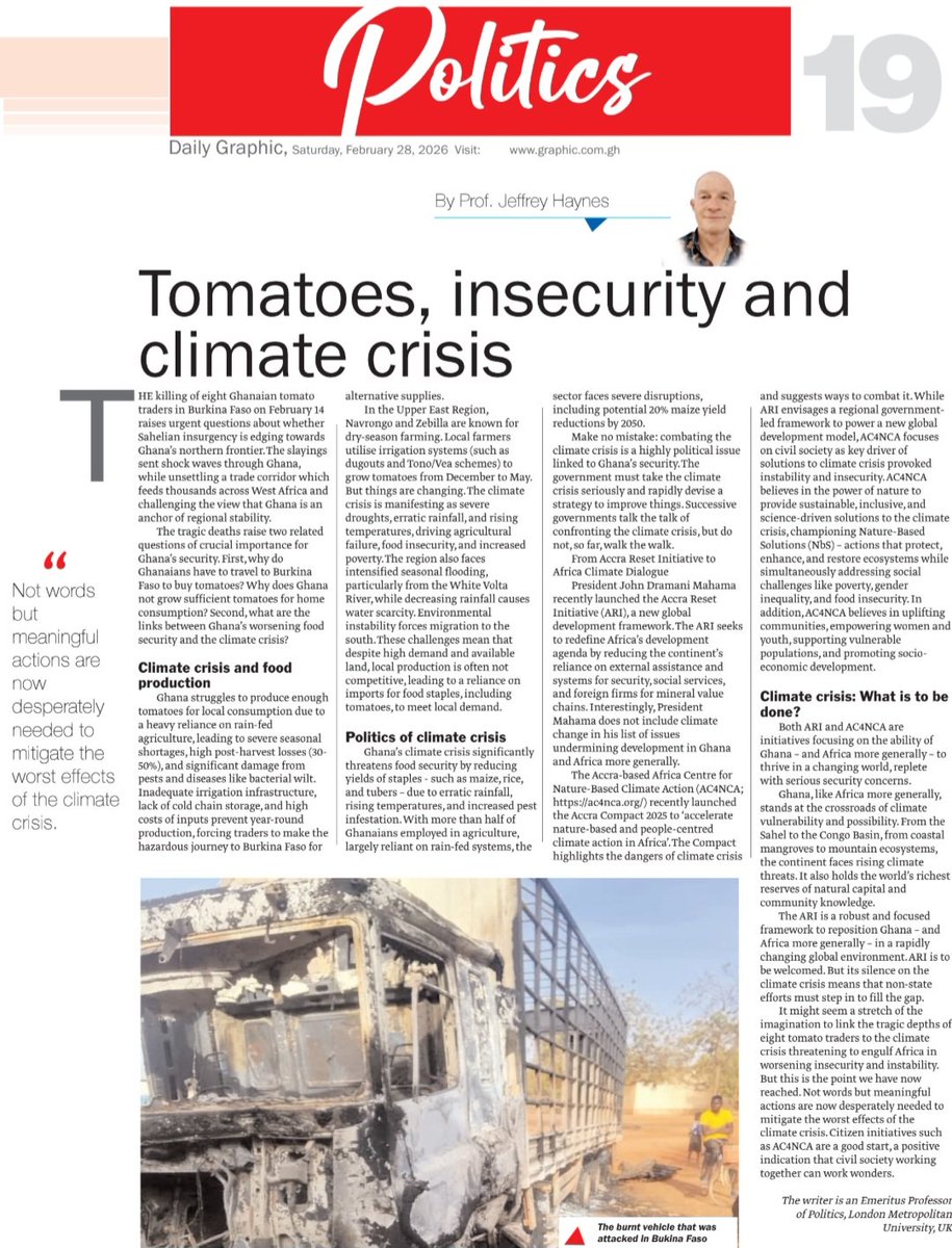 ac4nca's tweet photo. In his latest article in the Daily Graphic, Prof Jeffrey Haynes asks critical questions: Why does Ghana depend on cross-border tomatoes? And how is climate change worsening food insecurity and instability in the region? 

Read here:
https://t.co/80N9XWDqeF https://t.co/WszUEekU7P