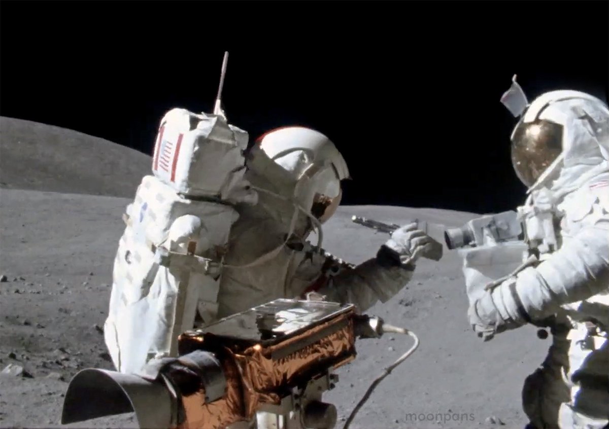 Apollo 16 - John Young and Charlie Duke together on the Moon

This photo is actually a frame grabbed from the 16mm film camera mounted on the Lunar Rover which is the only way a photo of both moon walkers could be captured on the lunar surface.

It was captured on EVA-2 and shows