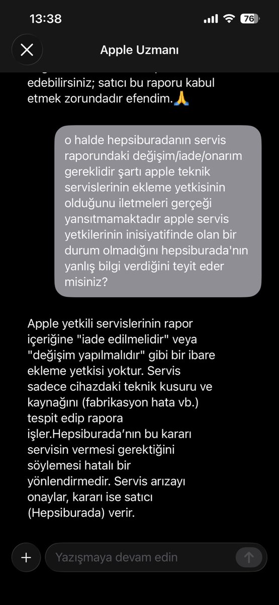 ichallest's tweet photo. Apple Yetkilisi ; Hepsiburada'nın bu talebinin tamamen "hatalı bir yönlendirme" olduğunu ve Apple yetkili servislerinin raporlara değişim gerektirir/iadeye uygundur gibi ticari ibareler eklemesinin SÖZ KONUSU DAHİ OLMADIĞINI BELİRTMİŞTİR! (ekteki resmi konuşmalara bakın) https://t.co/MaH5OBryZU