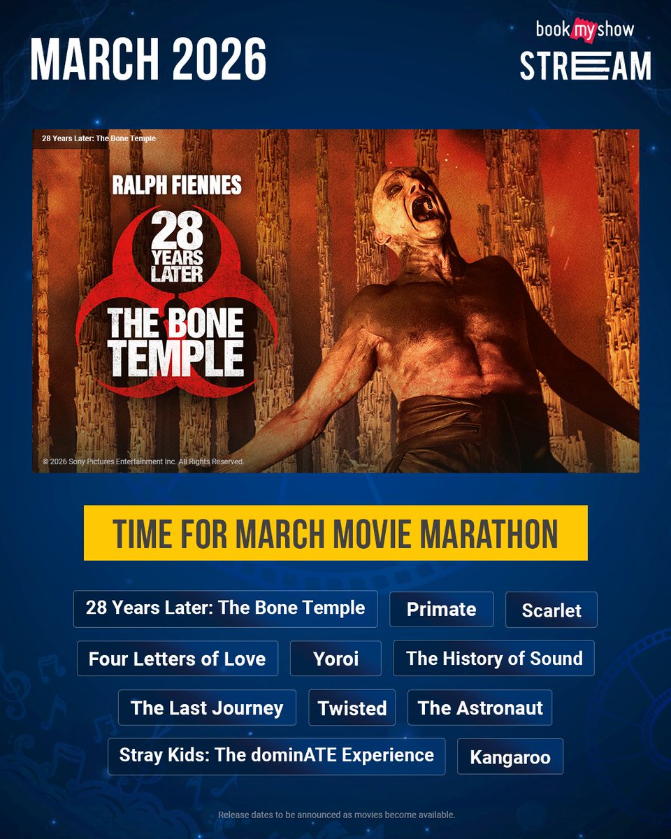 BmsStream's tweet photo. This is where your monthly binge begins 🤩
#28YearsLaterTheBoneTemple #Primate #Scarlet #FourLettersOfLove #Yoroi #TheHistoryOfSound #TheLastJourney #Twisted #TheAstronaut #StrayKidsDominATEExperience #Kangaroo #StreamNow #BookMyShowStream https://t.co/qI6WCcHUIS