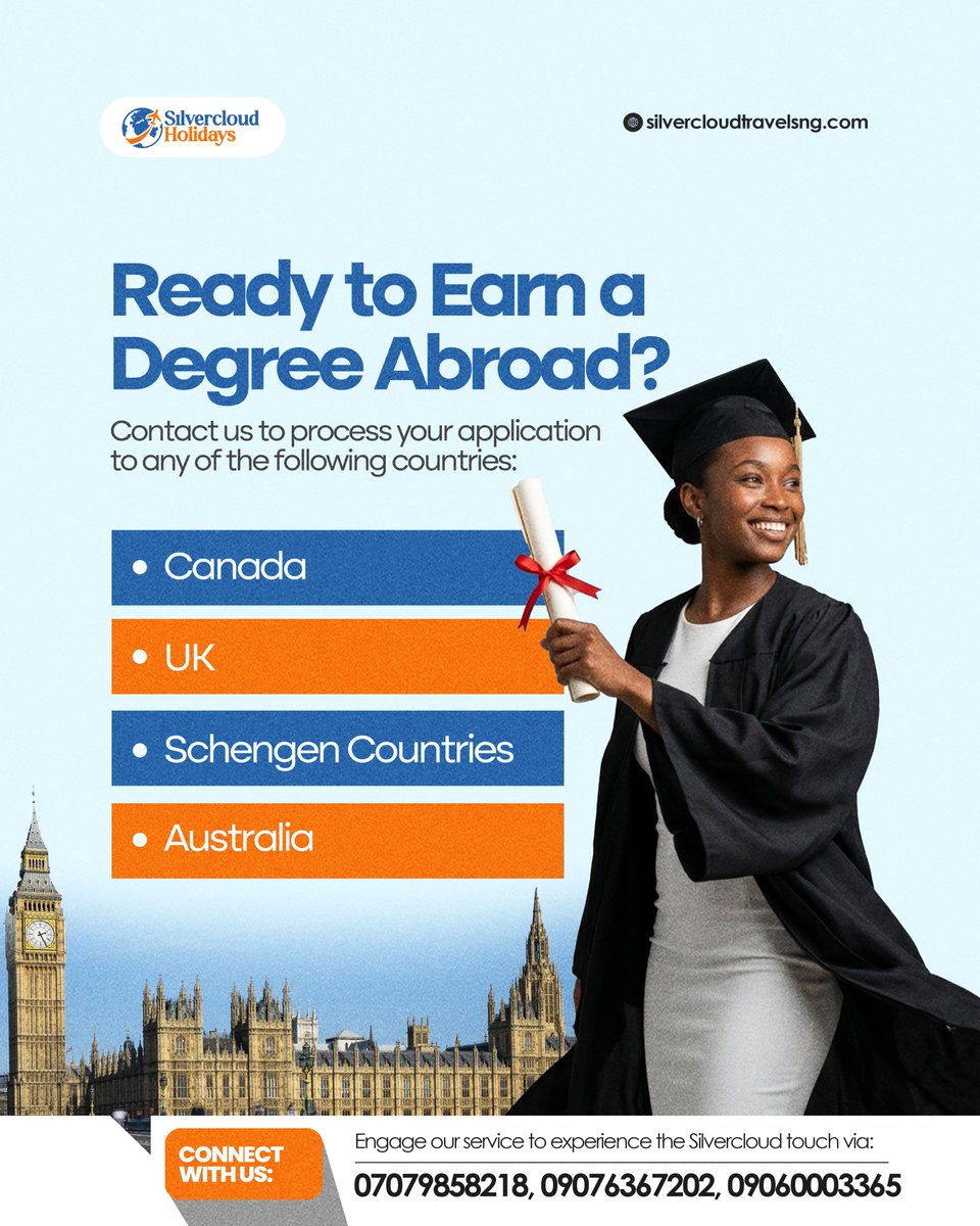 SilvercloudTra1's tweet photo. 2026 is the year you take your education global.

Study in any destination of your dream with the "Silvercloud Touch" while you focus on the grades.

Contact us to begin your application process via: 07079858218, 09076367202, 09060003365

#StudyAbroad 
#DegreeAbroad https://t.co/iqJgr3TpFw
