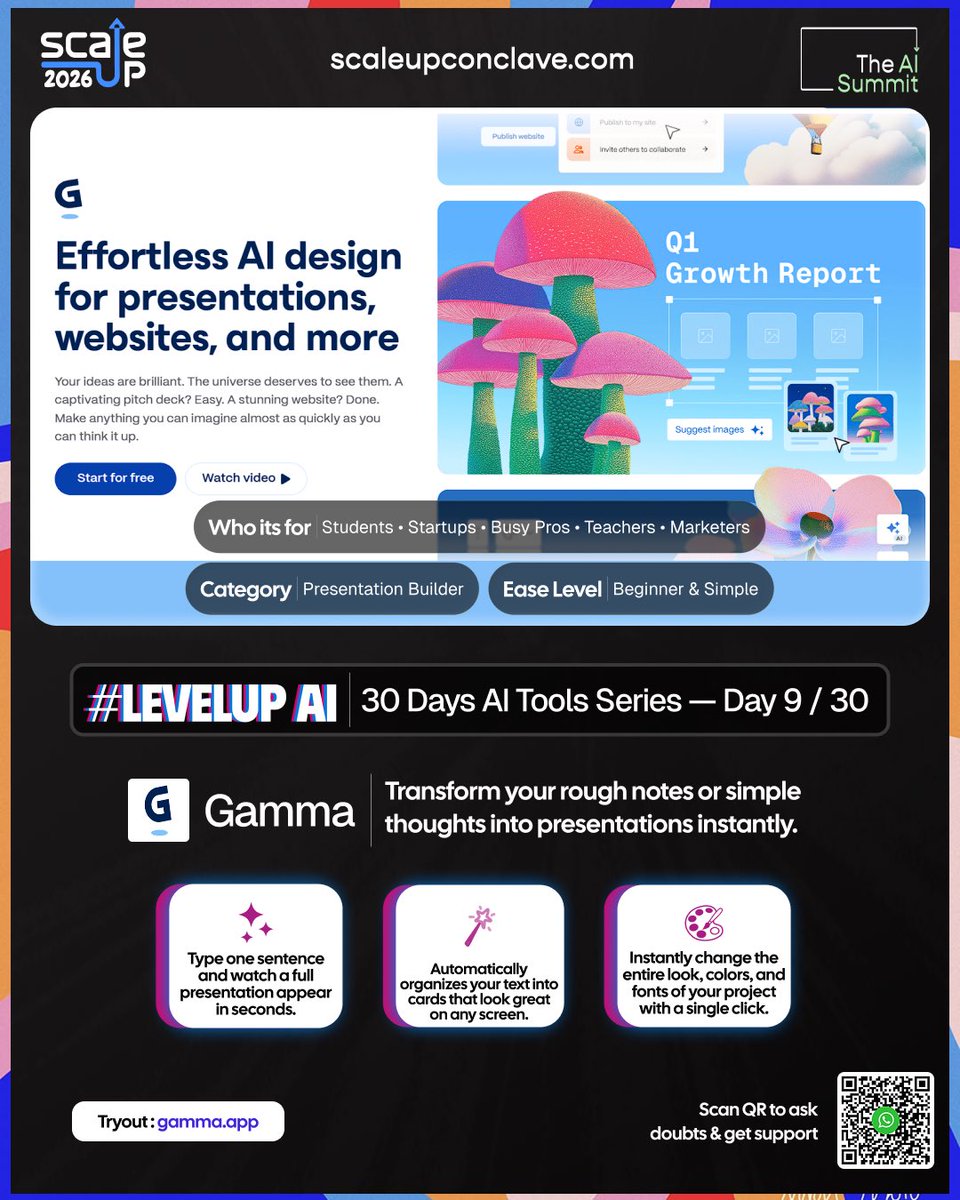 scaleupvillage's tweet photo. 🎨   #LevelUpAI Day 9/30

Meet Gamma — turn one idea into a ready presentation in seconds.
Auto-structured. Clean design. Zero hassle.

30 days. 30 tools. Toward ScaleUp 2026. 🚀

Join us:
https://t.co/lKxLTloqU7

#GammaAI #AItools #ScaleUp2026 https://t.co/jBB0OqhgsB