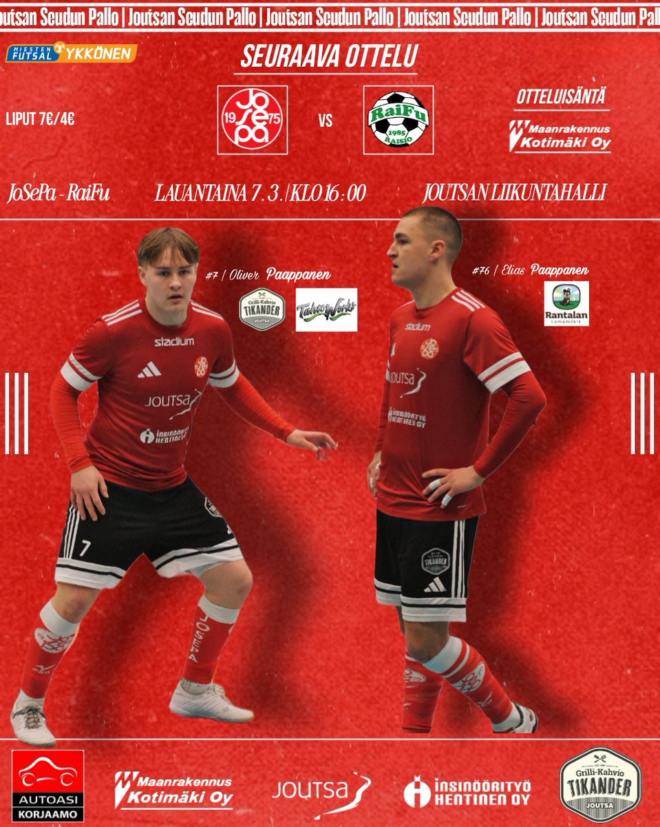 Ensi lauantaina vastaan asettuu RaiFu! Ottelu on kauden viimeinen ja on hieno päästä pelaamaan se kotiyleisön edessä! ❤️🔴⚽

Otteluisäntänä 🤝 Kotimäki Yhtiöt Oy 🚜

Täytetään katsomo ja laitetaan tunnelma yhdessä korkealle. Nähdään hallilla! 👏🏻👋🏻🤩

#futsalfi #joutsa