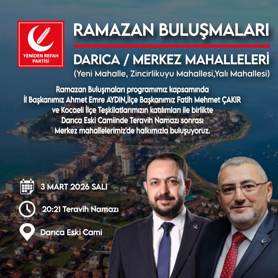 Ramazan Buluşmaları Kapsamında İl Başkanımız Ahmet Emre AYDIN,İlçe Başkanımız Fatih Mehmet ÇAKIR ve Kocaeli İlçe teşkilatlarımız ile birlikte Darıca'lı hemşehrilerimiz ile buluşuyoruz.