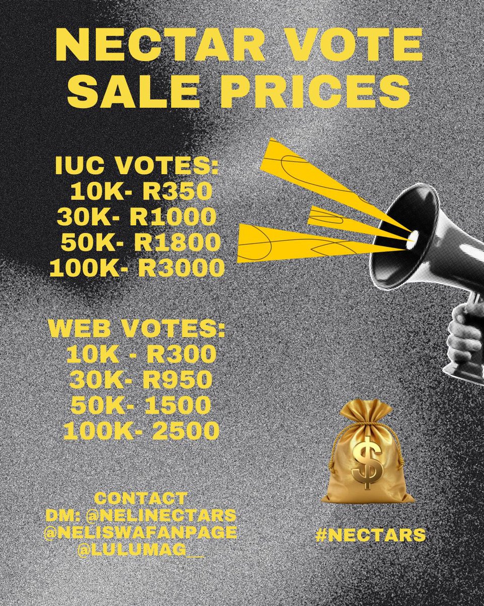 Hello friends. 

Nectars will be selling votes this week. The poster includes our packages. 

DM <a href="/NeliNectars/">NeliNectars🦋</a> and <a href="/Neliswafanpage/">NELISWA’S TAG HANDLER 🦋</a> for any inquiries. 

NECTARS SUPPORT NELISWA
NELISWA THE BRAND

#NeliswaNgada