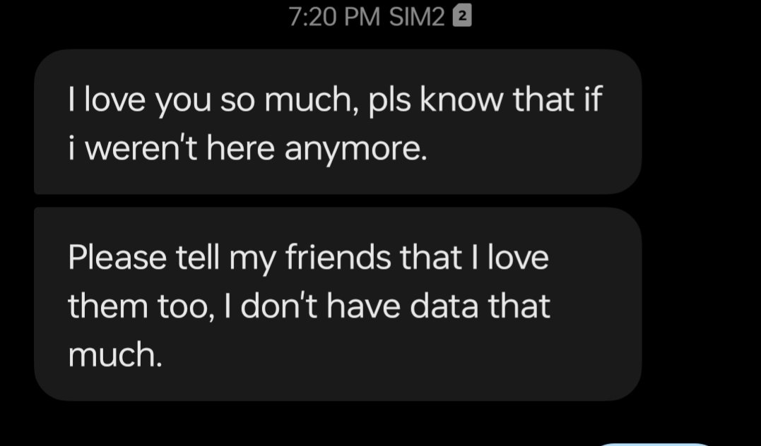 i have just received this sms from my girlfriend. she was able to send it with the data she has. i feel so sick just reading it. fuck israel and the us. i hope they burn to the ground