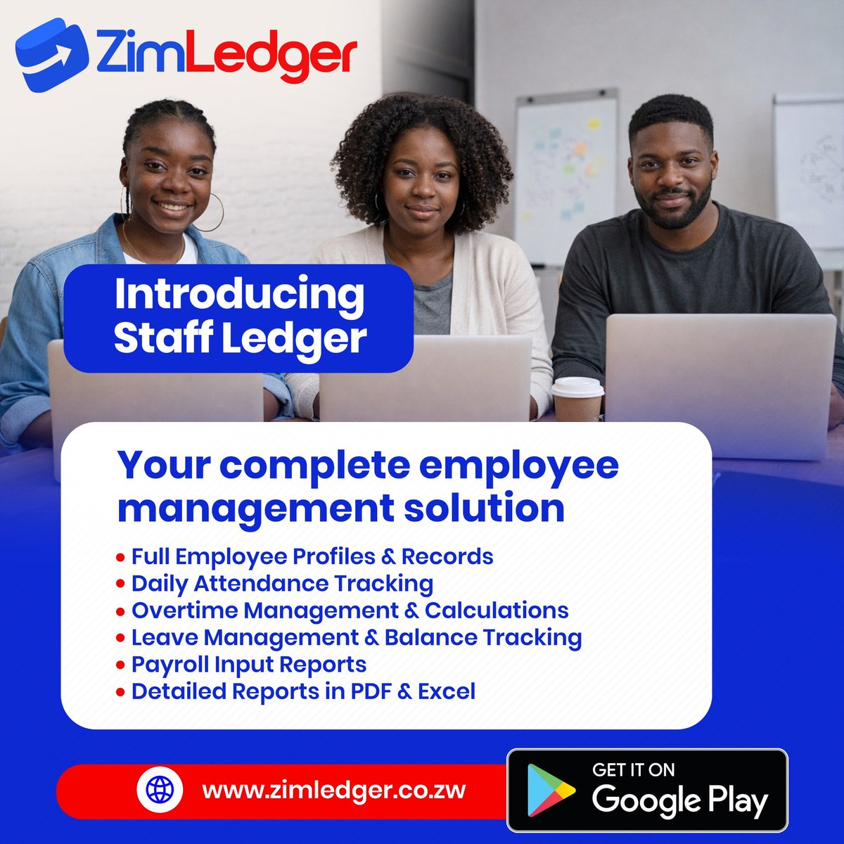 ZimLedgerApp's tweet photo. Introducing Staff Ledger — Now Live on ZimLedger!

Managing employees just got easier.

Staff Ledger is a powerful new module inside ZimLedger that gives you complete control over your workforce — from attendance and overtime to leave management and payroll preparation.

Here is what Staff Ledger can do for your business:

👤 Employee Management
Create full employee profiles with personal details, job information, salary, bank details, shift times, and off-day schedules — all in one place.

📋 Attendance Tracking
Record daily attendance with statuses like Present, Absent, Late, On Leave, Off Day, and Public Holiday. The system can auto-fill records based on leave entries, off-days, and working days — so you spend less time on data entry. You also get a calendar view with daily attendance stats.

⏱️ Overtime Management
Log overtime sessions with start and end times. Hours are calculated automatically. The system detects whether overtime falls on a normal day, rest day, leave day, or public holiday — and applies the correct rate type for you.

🏖️ Leave Management
Record and manage leave entries. The system tracks accrued, used and available leave days balances — with overdraft control and carried-forward balances.

📊 Reports in PDF and Excel
Generate different reports including Attendance Summary, Overtime Summary, Leave Balance Statement, and a Payroll Input Report that compiles everything you need for monthly payroll processing.

⚙️ Business Settings
Configure default shift times, off-days, and leave accrual rules at the company level — then customize per employee where needed.

Who is Staff Ledger for?

Staff Ledger is built for any Zimbabwean business that manages employees, including:
🏭 Manufacturing companies
🏗️ Construction firms
🏨 Hotels, lodges, and restaurants
🏥 Clinics and healthcare facilities
🛒 Retail shops and supermarkets
🏫 Schools and training centres
🚛 Transport and logistics companies
🏢 Offices and professional services
👩‍🌾 Farms and agricultural operations

Whether you have 5 employees or 500, Staff Ledger gives you the tools to track attendance, manage leave, calculate overtime, and prepare for payroll — all from your phone or browser.

Install ZimLedger now from Google Play Store: https://t.co/B0FkLpMjQ1

Access ZimLedger via any Web browser : https://t.co/gy0a2zS2Ki

For support & feedback, contact ZimLedger on +263784527459, WhatsApp Link https://t.co/W1SVOfLdJ9

Join the ZimLedger WhatsApp Channel: https://t.co/TLwrotwoxl