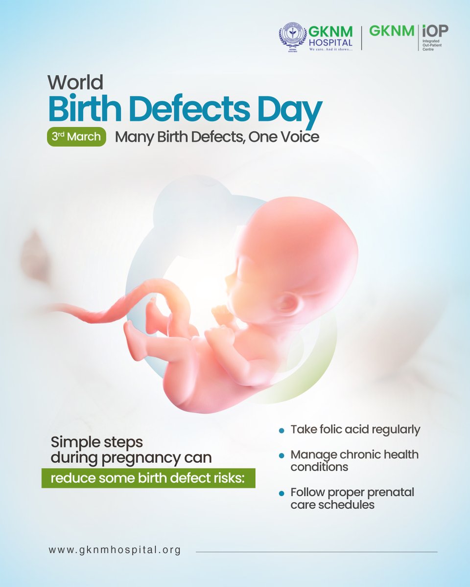 GKNMHospital's tweet photo. Regular prenatal checkups and specialized screenings, which include ultrasound, echocardiography, and genetic tests, help detect many birth defects early.
#WBDDay #WorldBirthDefectsDay #BirthDefectsPrevention #PrenatalCare #MaternalHealth #GKNMiOP #GKNM #GKNMH #GKNMHospital https://t.co/P5AapH2x7N