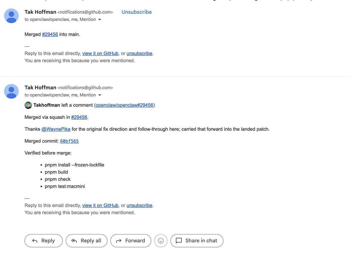 wayne_axia8's tweet photo. Less than 24 hours after signing up for GitHub, on my first day using OpenClaw, I opened a PR and it was merged into main (#29456).

I still can’t code.

This is the power granted by AI, allowing someone like me to contribute to the open source core. 🦞
Friends who r AI experts see OpenClaw as a toy, and maybe it is, but it also manifests the next-gen human-computer relationship and collaboration.

注册 GitHub 不到 24 小时，第一天用 OpenClaw ，提了 PR，merge 到 main（#29456）。

我还是不会写代码  
但AI 让普通人第一次能把问题直接推进到开源主线🦞
这是时代赋予”新人类“的能力

OpenClaw 也许是玩具（身边一些 AI 专家们认为），但至少对我来说是下一代人机协作的雏形。  

#OpenClaw #OpenSource #AI @takhoffman