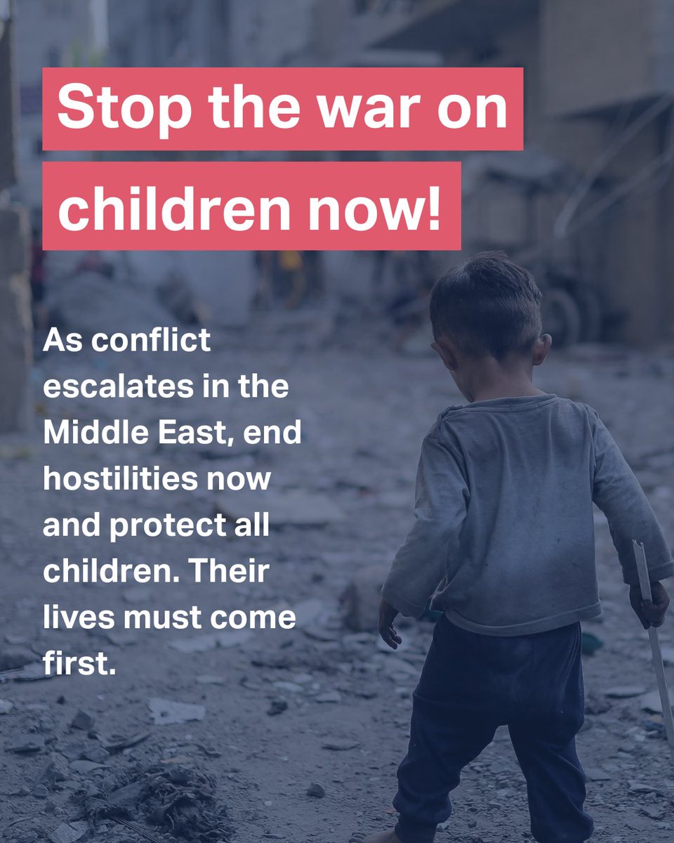RightToChild's tweet photo. No child should have their childhood stolen by war. Hostilities must end now. Every child deserves safety, care, and a chance to grow up in peace. #ProtectChildren #MiddleEast #EndConflict https://t.co/OXSEujKYXT