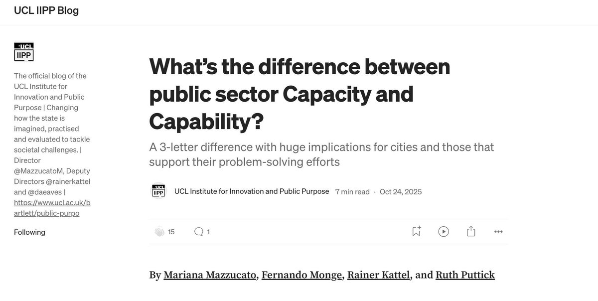 💭 What’s the difference between public sector Capacity and Capability?

<a href="/IIPP_UCL/">UCL Institute for Innovation and Public Purpose</a>'s <a href="/MazzucatoM/">Mariana Mazzucato</a>, Rainer Kattel, <a href="/FerMongeC/">Fernando Monge</a>, &amp; <a href="/RPuttick/">Ruth Puttick</a> highlight the importance of the 3-letter difference, and what it means for how governments can function.

🔗 Read more: buff.ly/uUHEW7p