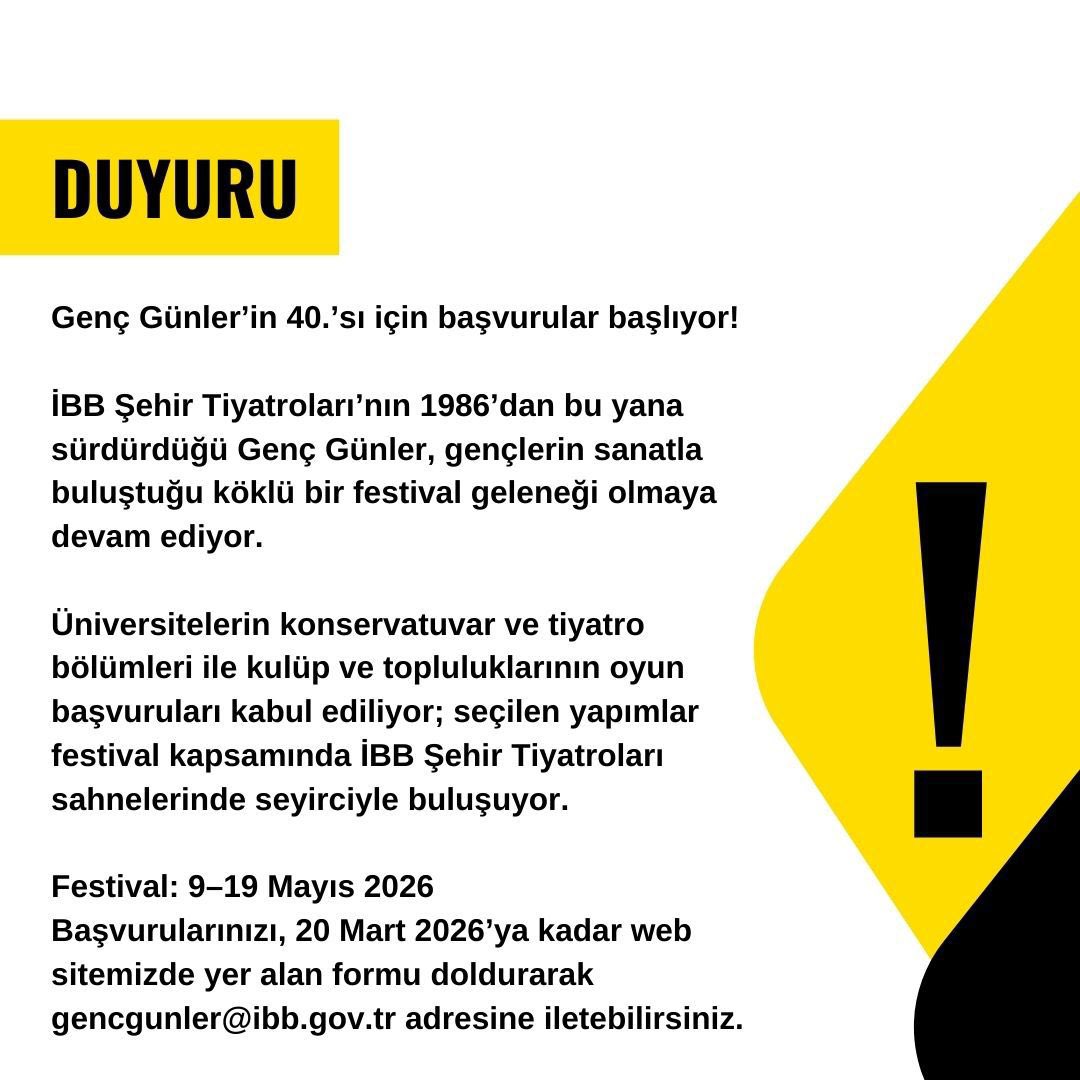 Genç Günler’in 40.’sı için başvurular başlıyor! 🎭

İBB Şehir Tiyatroları’nın 1986’dan bu yana sürdürdüğü Genç Günler, gençlerin sanatla buluştuğu köklü bir festival geleneği olmaya devam ediyor.

Üniversitelerin konservatuvar ve tiyatro bölümleri ile kulüp ve topluluklarının