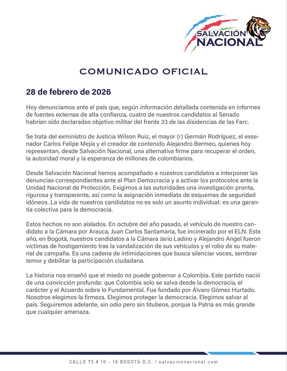 Rechazamos las amenazas que ha hecho el Frente 33 de las Farc en contra de nuestros senadores.

No permitiremos que los enemigos de la libertad decidan el futuro de Colombia. Seguiremos defendiendo el Acuerdo sobre lo Fundamental sin dar un solo paso atrás.
¡Firme por la patria!