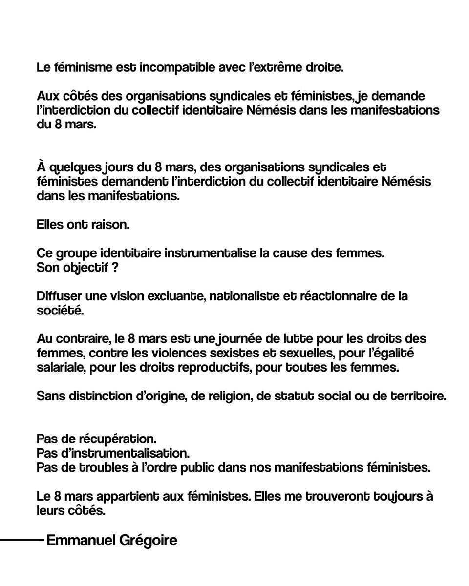 egregoire's tweet photo. Le féminisme est incompatible avec l'extrême droite. 

Aux côtés des organisations syndicales et féministes, je demande l'interdiction du collectif identitaire Némésis dans les manifestations du 8 mars. 

https://t.co/Kkp3YKEIIH https://t.co/JSOJJn94JC