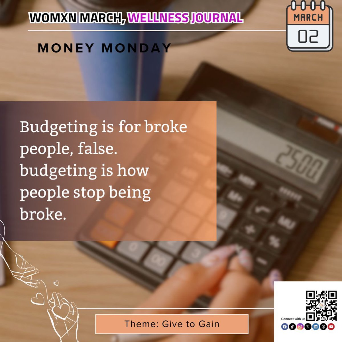 Happy new month

Welcome to Womxn March, where the hustle is hard, but the heart remains soft.

This month’s wellness journal is both a reminder and a guide to reclaiming our time and unapologetically owning the space where our worth meets our wealth. We aren’t just chasing bags,