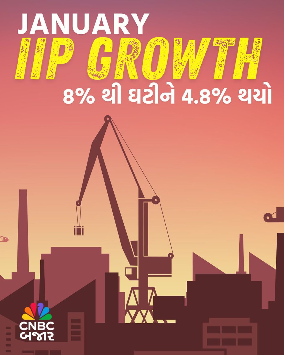 CNBCBajar's tweet image. #IIP Growth l જાન્યુઆરીમાં IIP ગ્રોથ 8% થી ઘટીને 4.8% (MoM)

#January #Growth #IIP