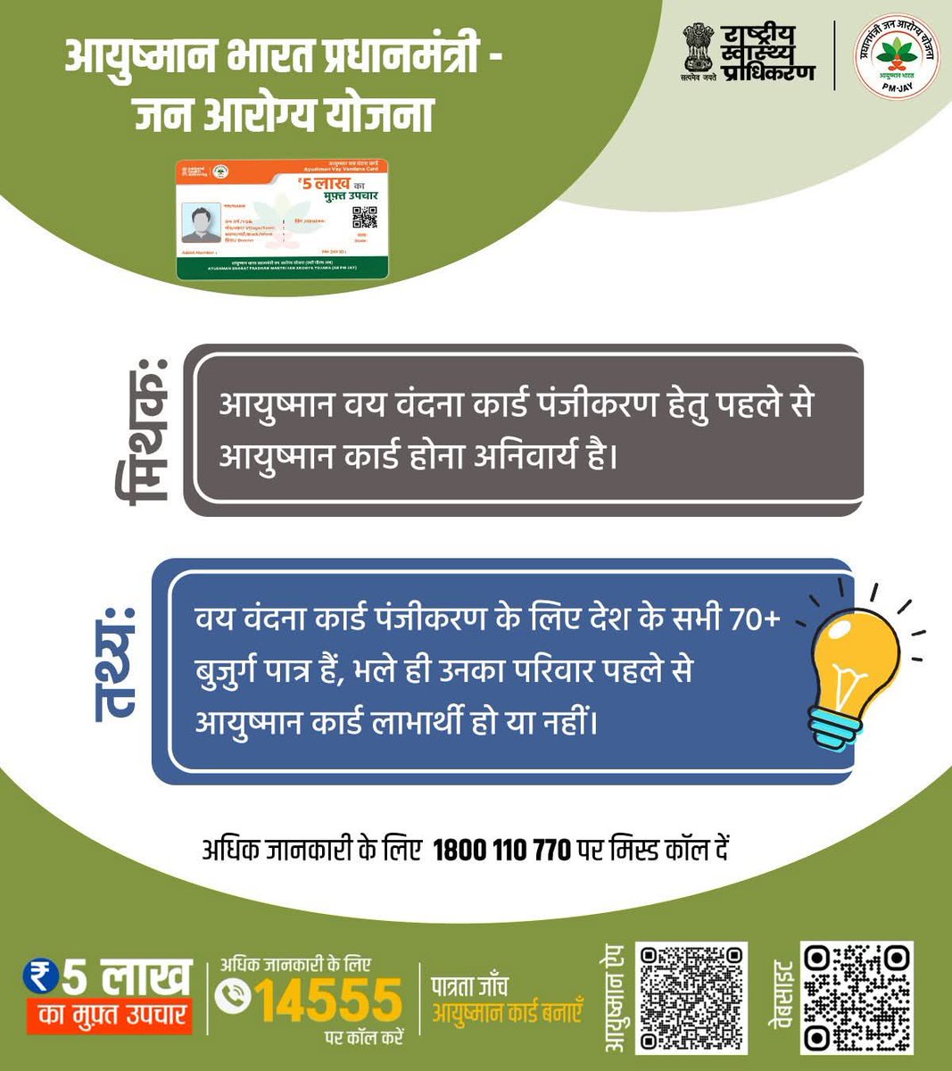 देशभर में अब तक 1.14 करोड़ से अधिक 70+ आयु के बुजुर्गों को #वय_वंदना_कार्ड के माध्यम से ₹5 लाख के मुफ्त उपचार की स्वास्थ्य सुरक्षा मिल चुकी है।
आप भी आज ही केवल आधार कार्ड के माध्यम से अपना वय वंदना कार्ड बनवाएँ:

beneficiary.nha.gov.in या 14555 पर कॉल करें।

#VayVandanaCard