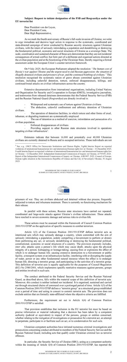 's tweet image. MEPs' letter to @EU_Commission: #FSB and #Rosgvardiya must be designated under the #EU terrorist list.

Systematic torture, abductions and attacks on civilians are not "incidents".

🇪🇺 put 🇮🇷 #IRGC to terrorist list. Now we must do the same with 🇷🇺.

@RJukneviciene 
@EP_Defence