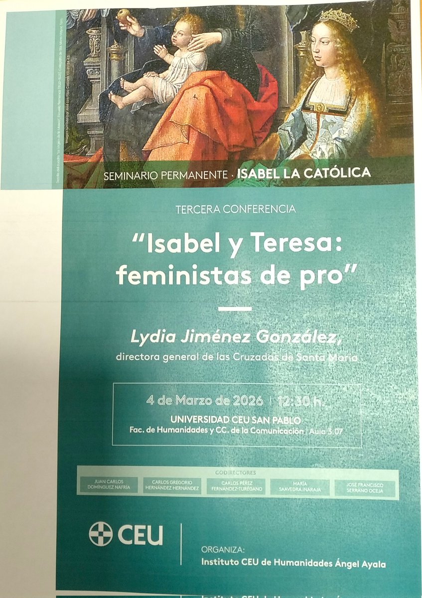 Este miércoles, en <a href="/USPCEU/">Universidad CEU San Pablo</a> Lidia Jiménez, directora general de las Cruzadas de Santa María, participa en el Seminario permanente Isabel la Católica del <a href="/CeuAyala/">Instituto CEU de Humanidades Ángel Ayala</a> <a href="/ComisionIsabel/">Comisión Isabel la Católica Arzobispado Valladolid</a> Miércoles a las 12.30